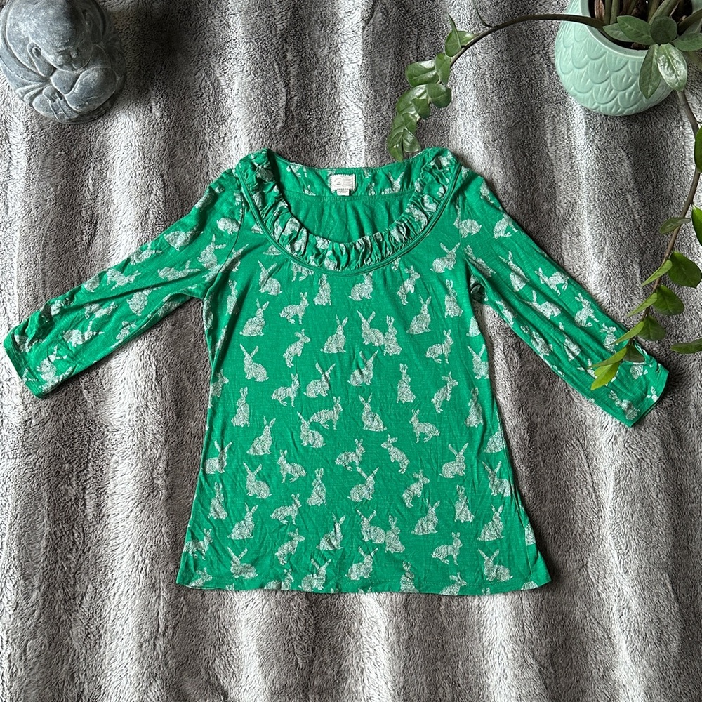 Green Bunny Print Ruffle Neck Top